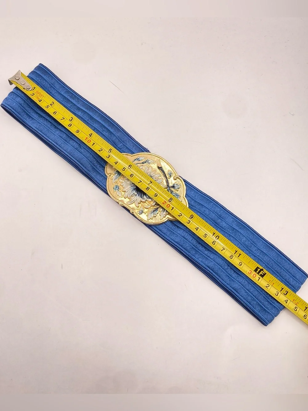Vtg 80s Blue White Enamel Flower Belt Gold Interlocking Buckle Elastic Cinch